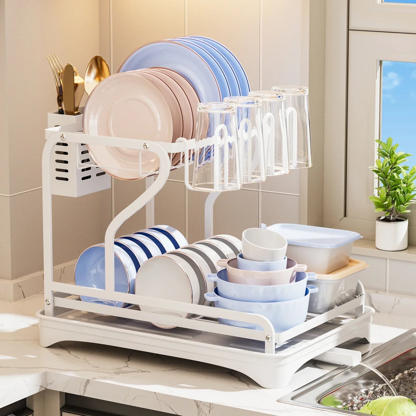 MaxiDry 2-Tier Dish Drying Rack with Integrated Drainboard