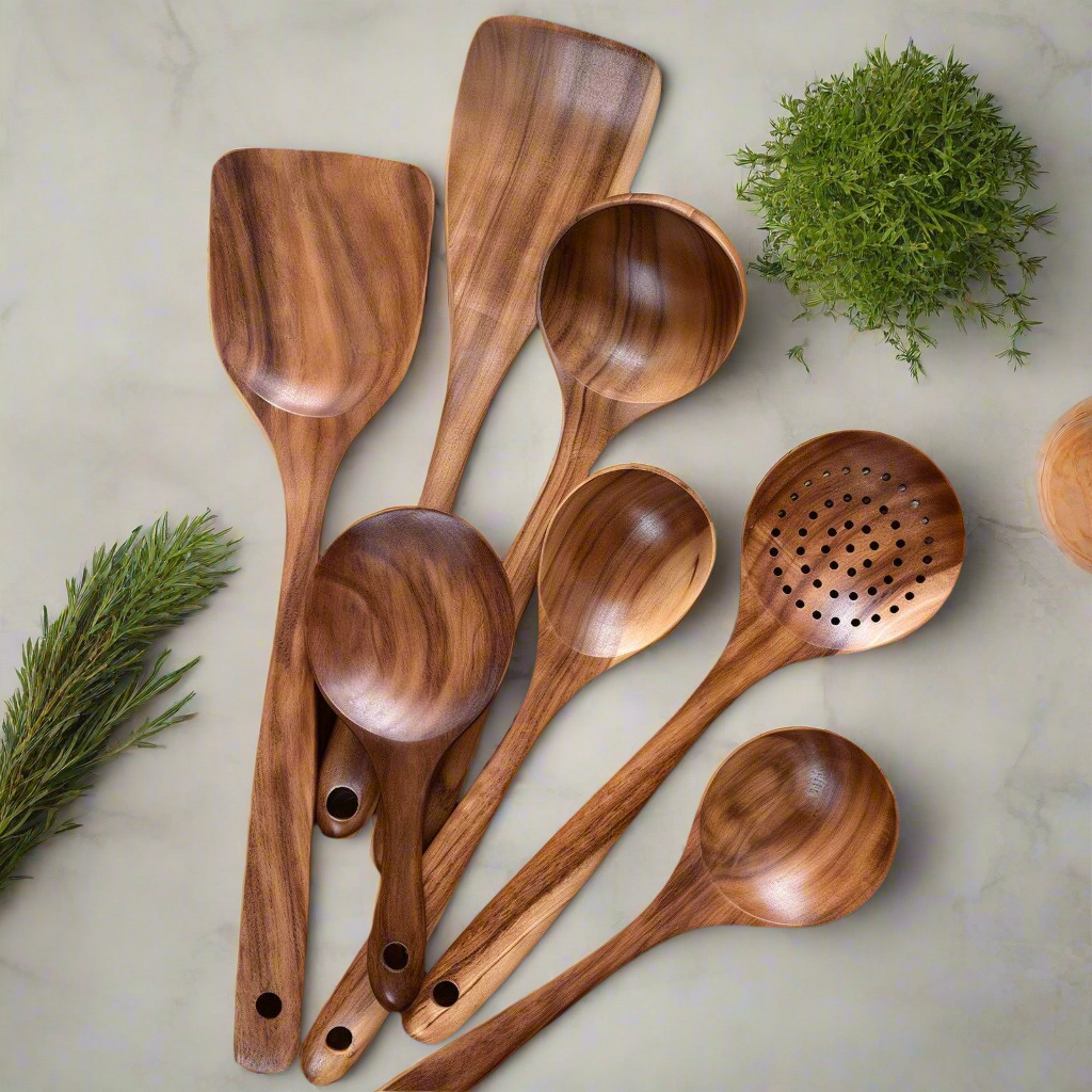 Sustainable Teakwood Kitchen Utensil Set – Antibacterial Cooking Tools