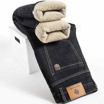 Men's Thermal Denim Pants - Fleece Lined Winter Jeans for Warmth