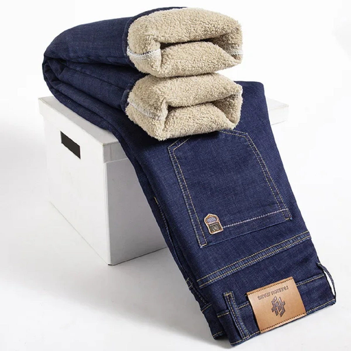 Men's Thermal Denim Pants - Fleece Lined Winter Jeans for Warmth