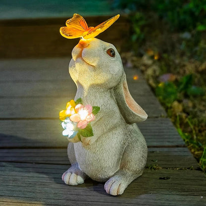Solar Garden Bunny Statue with LED Butterfly | Waterproof Plastic
