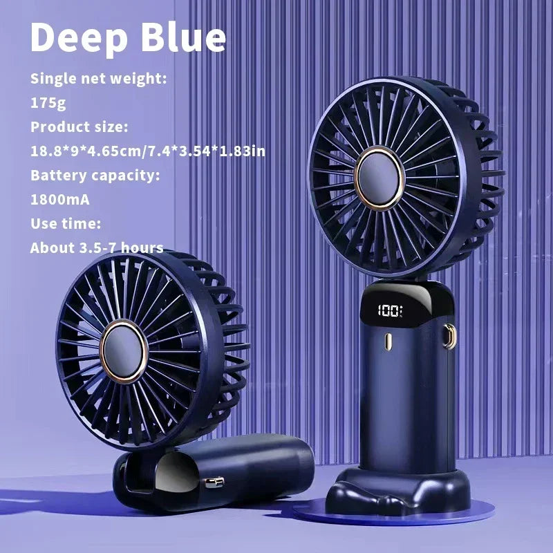 Compact Fan with 5 Speed Settings | 3000 mAh Rechargeable Battery | Foldable Design with LED Display