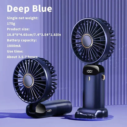 Compact Fan with 5 Speed Settings | 3000 mAh Rechargeable Battery | Foldable Design with LED Display