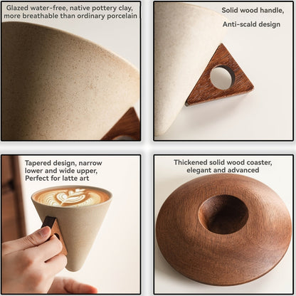 Handcrafted Ceramic Coffee Mug with Wooden Handle and Saucer - 250ml
