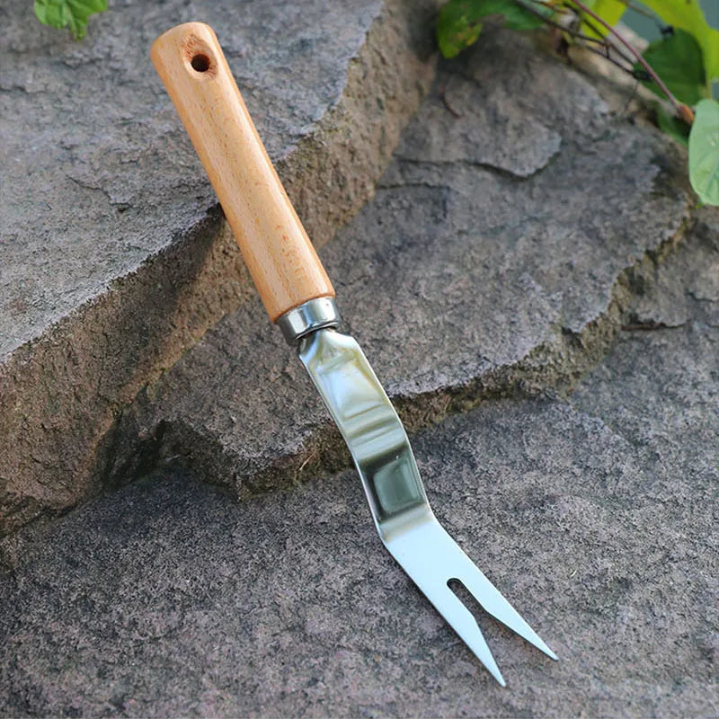 Ergonomic Stainless Steel Weeding Tool with V-Shaped Head and Wooden Handle