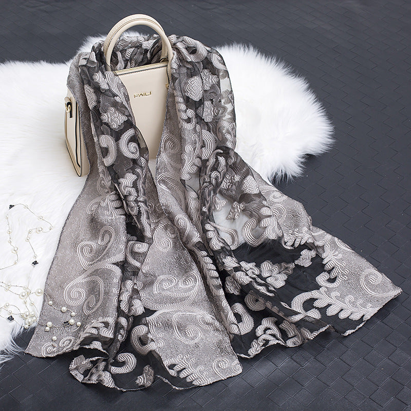 Silk Scarf Featuring Hollow Floral Design