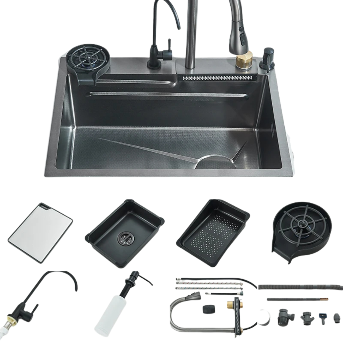 Single Bowl Stainless Steel Kitchen Sink with Built-in Faucet and Soap Dispenser
