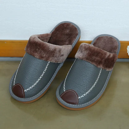 Thick Plus Velvet Leather Slippers for Men – Warm Winter Footwear