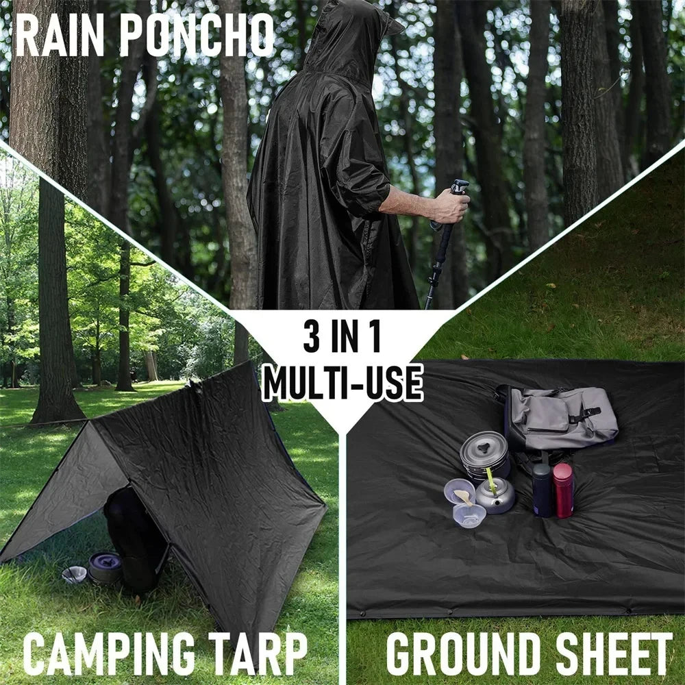 3-in-1 Waterproof Outdoor Poncho with Hood | Tarp & Bivvy 220x140 cm