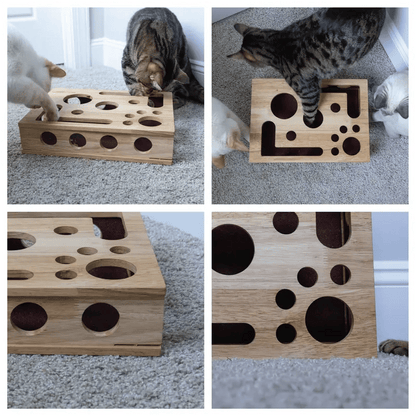 Interactive Wooden Cat Puzzle with Treat Compartments