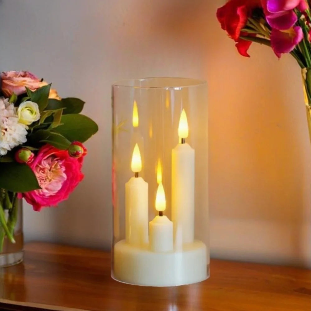 LED Candle with Triple Wicks | Glass-Enclosed Flickering Flame Effect | Battery-Powered, Flameless Candle | Safe and Authentic | Warm White Light