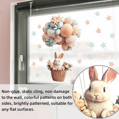 Hot Air Balloon Window Sticker | Cartoon Rabbit | Static Cling Glass & Door Decor