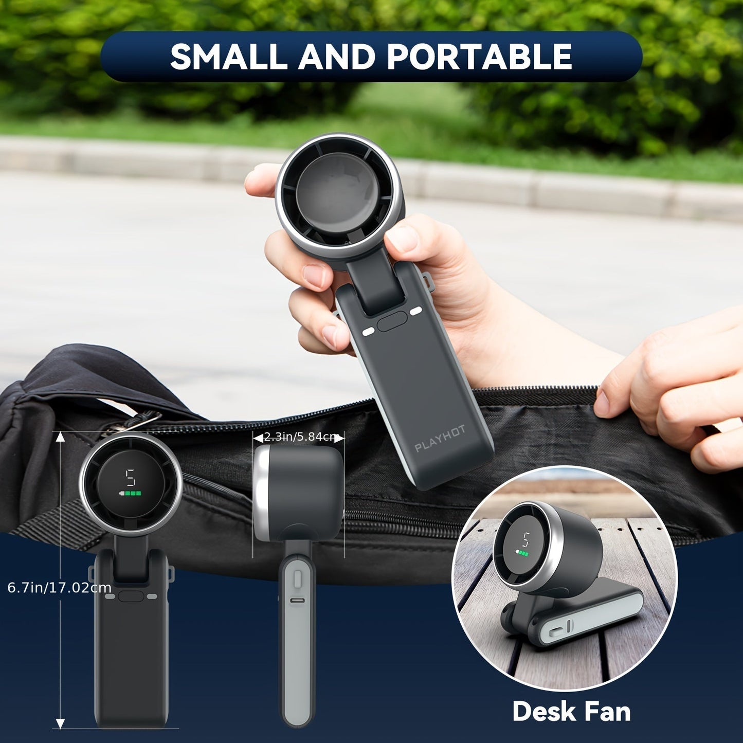 Battery-Powered Handheld Fan with LED Light - 5-Speed 12-Hour Cooling