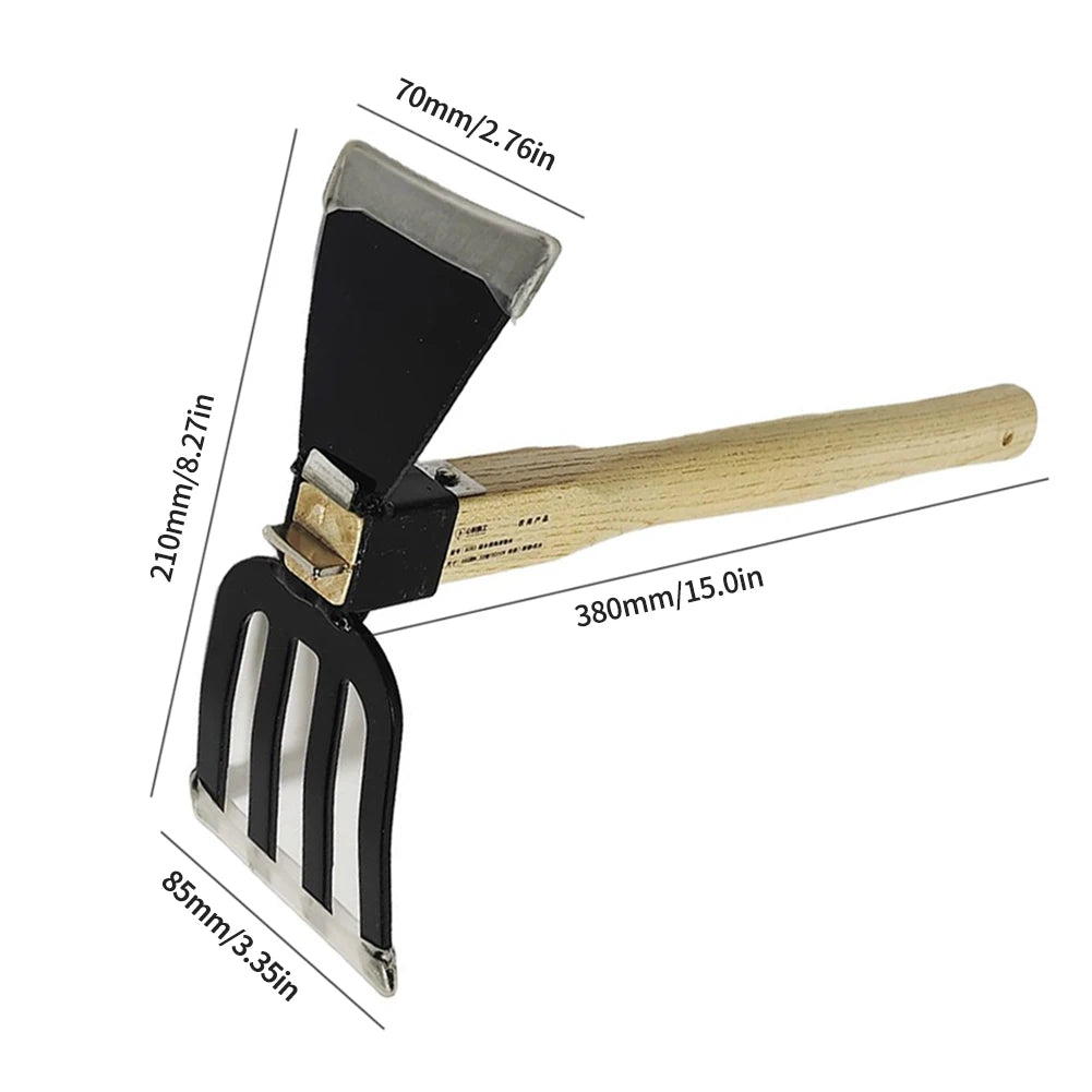Garden Cultivator and Mini Hoe with 5 Tines | Carbon Steel | Wooden Handle | 38 × 21 × 8.5 cm