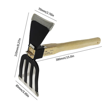 Garden Cultivator and Mini Hoe with 5 Tines | Carbon Steel | Wooden Handle | 38 × 21 × 8.5 cm