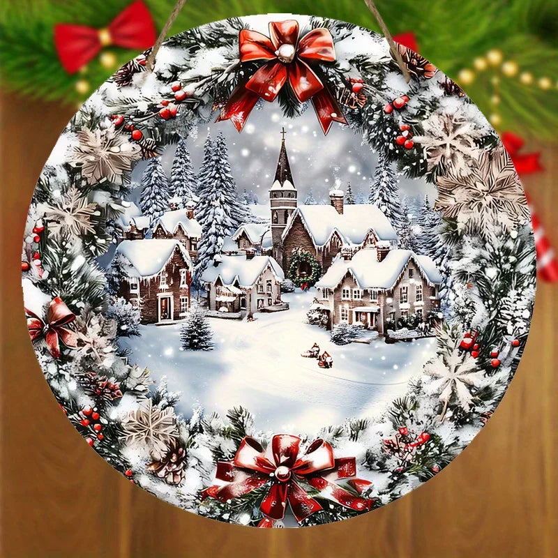 Wooden Christmas Sign with Relief Design - Winter Village and Snowy Scene - Wall and Door Decor