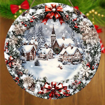 Wooden Christmas Sign with Relief Design - Winter Village and Snowy Scene - Wall and Door Decor
