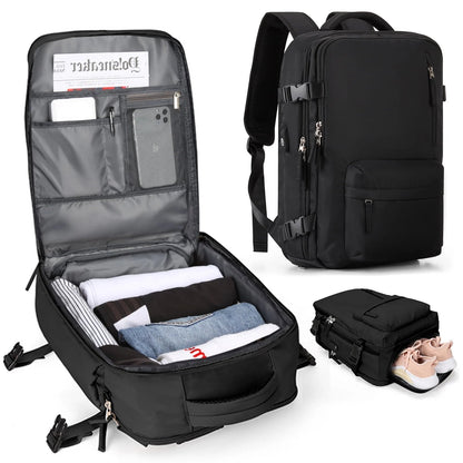 Water-Resistant Nylon Travel Backpack - 35L with USB Port, Shoe & Laptop Compartments, Anti-Theft Zipper