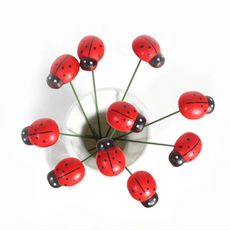 Wooden Ladybug Garden Ornament Set of 10 for Outdoor Spring Decor