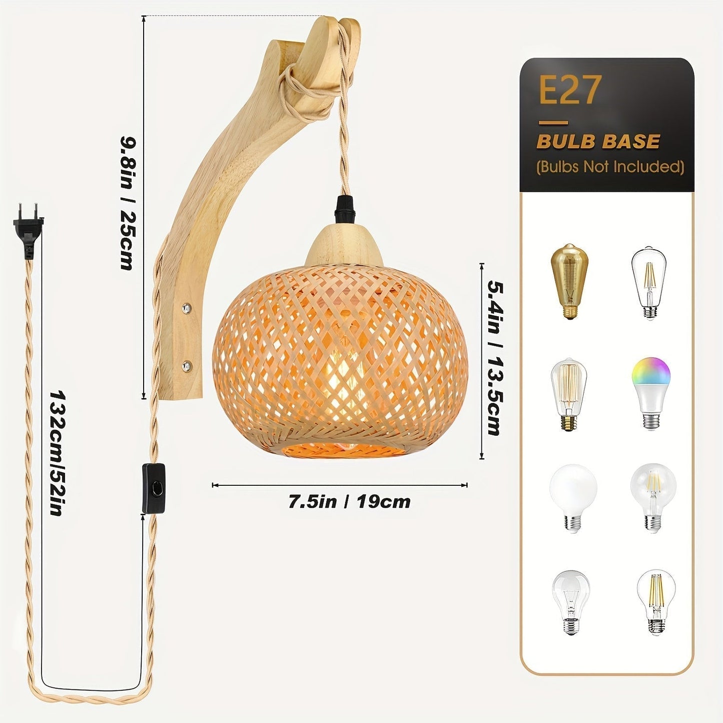 Bamboo Table Lamp with Woven Shade – Vintage Style with Plug and Switch