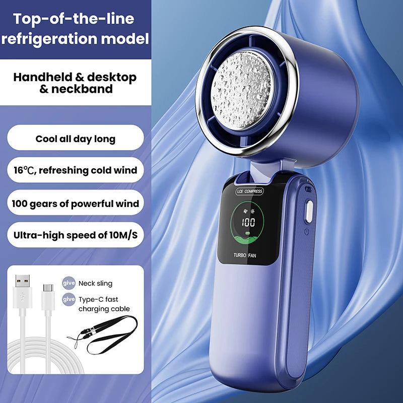 Portable Mini Hand Fan with Cooling Battery | 100 Speed Settings | 10W Turbo Power | Foldable Design