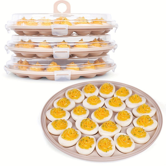 3-Piece Round Deviled Egg Serving Platters – Brown Carrier with Lid, Holds 22 Eggs
