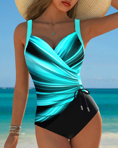 One-Piece Swimsuit with Lace-Up Details and Contrasting Color Accents