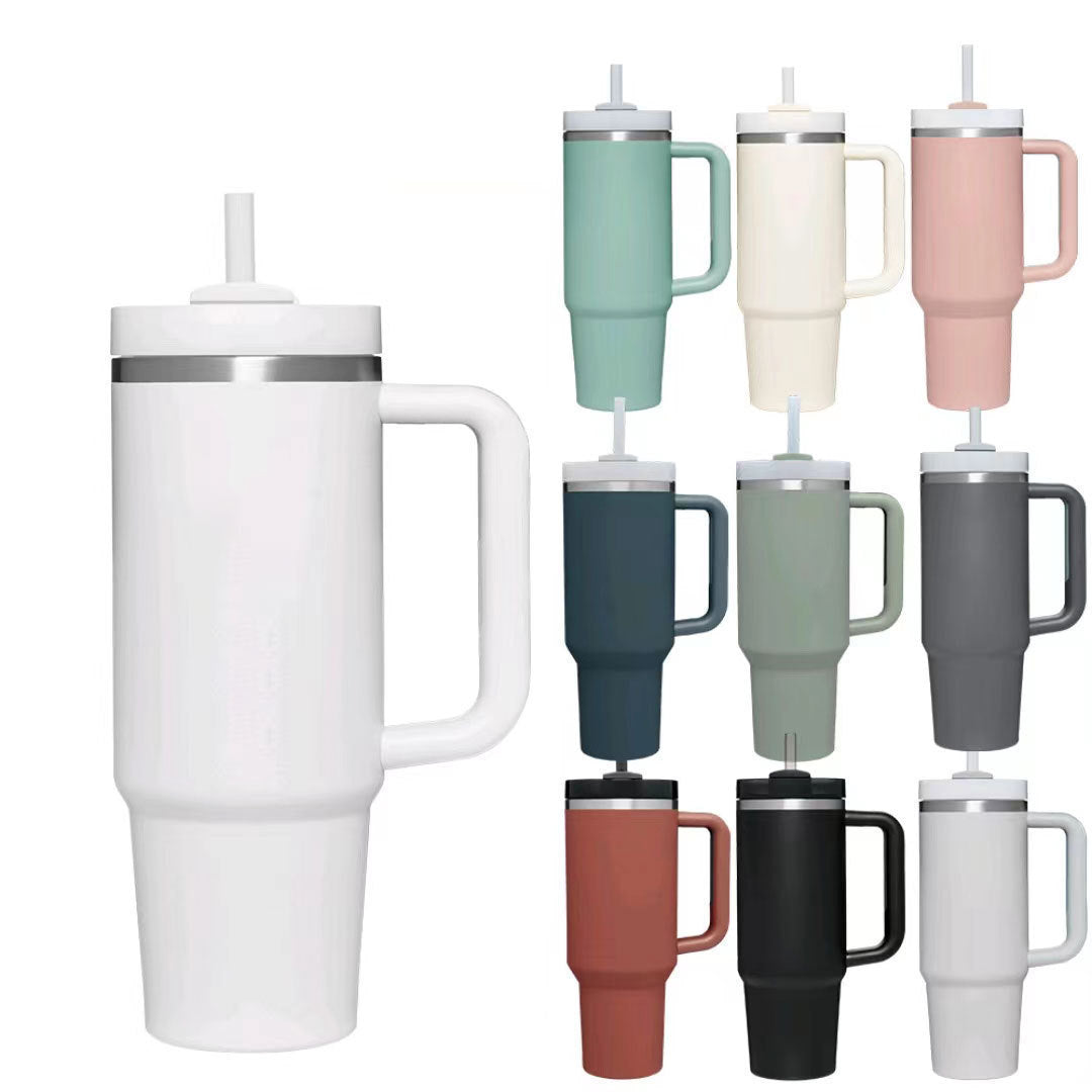 Stylish 40oz Insulated Travel Mug with Handle & Straw