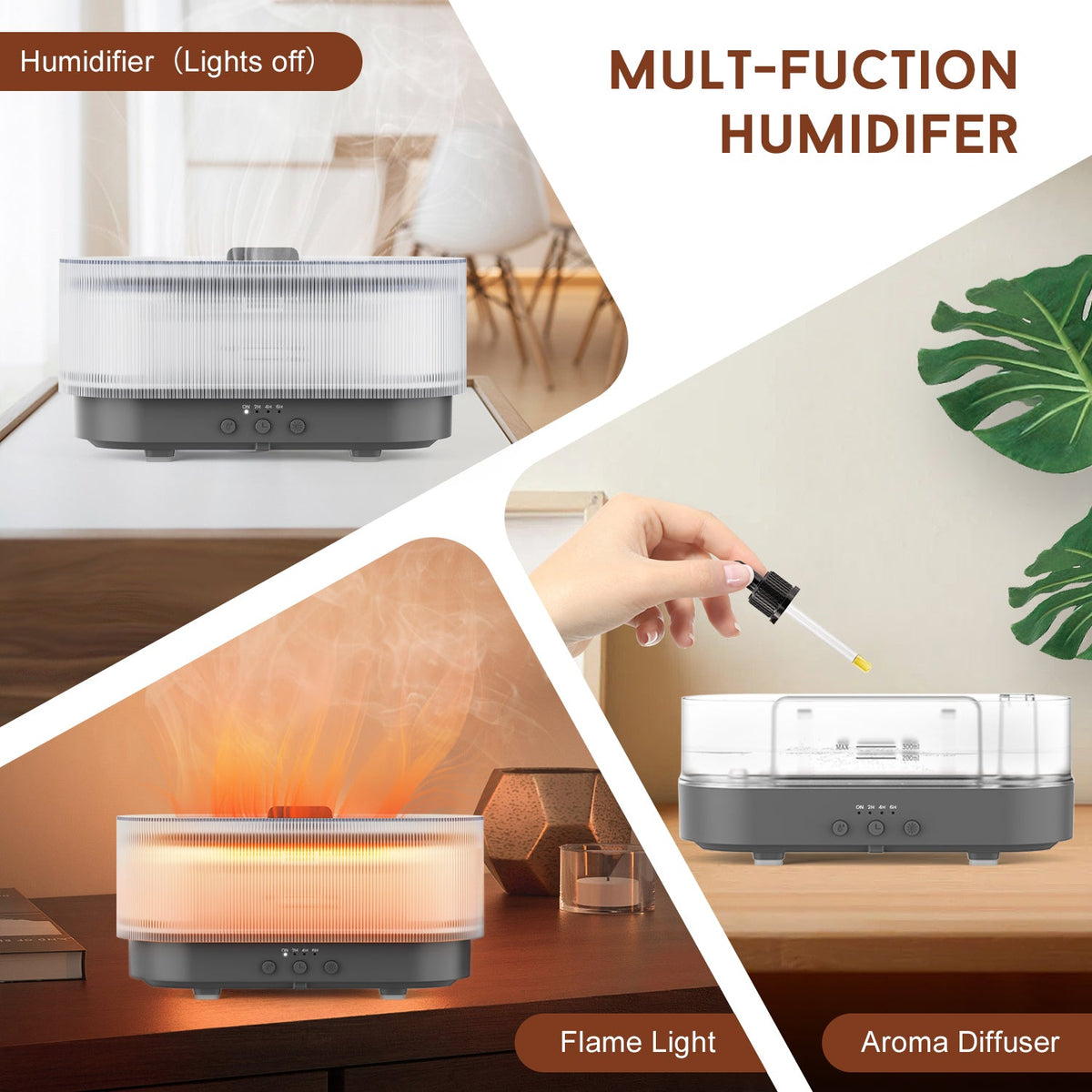 300ml Ultrasonic Essential Oil Diffuser with Flame Effect and LED – 12 Hours Runtime