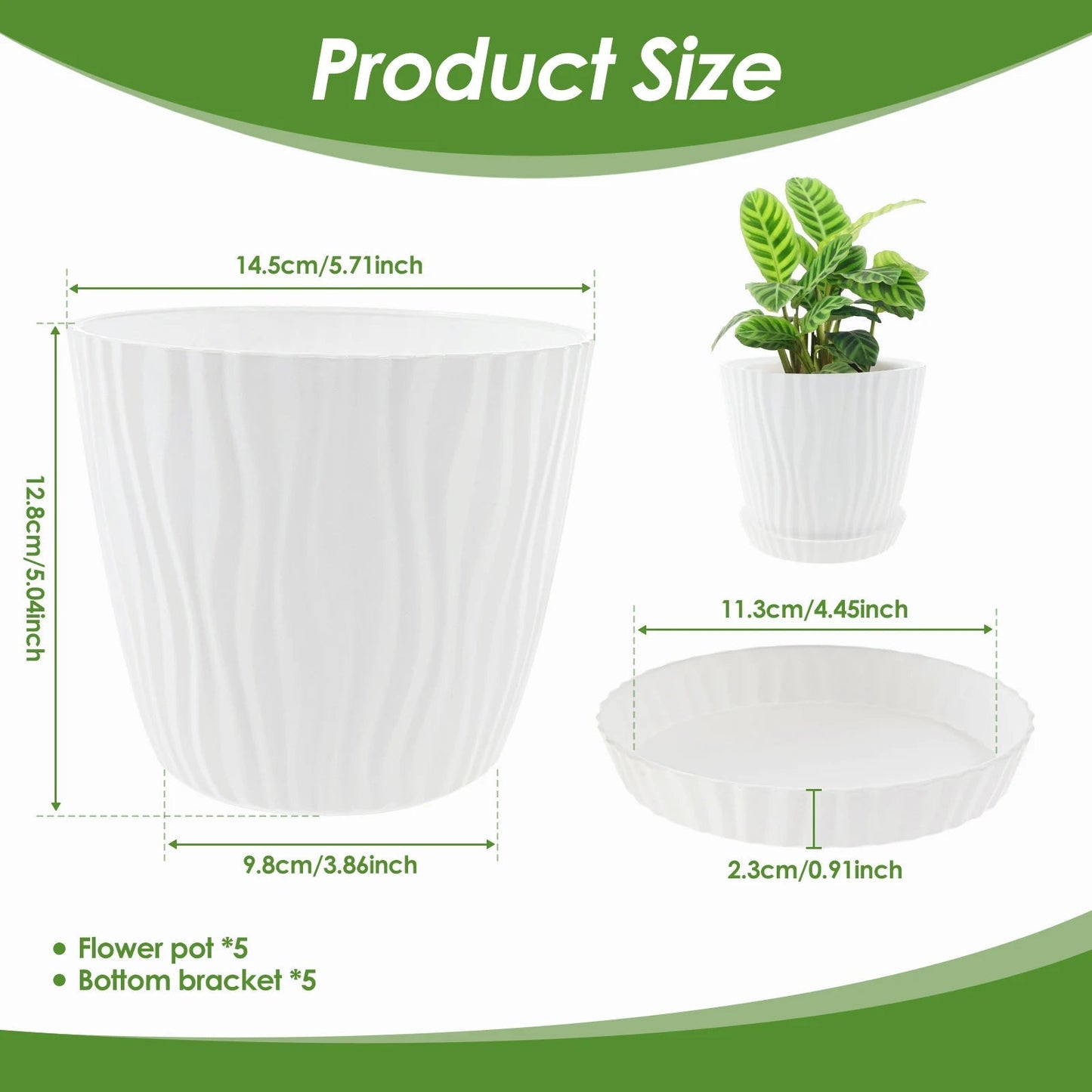 Set of 5 Planters with Drainage Holes and Saucers | Textured PP, 14.5 cm for Indoor and Outdoor Use