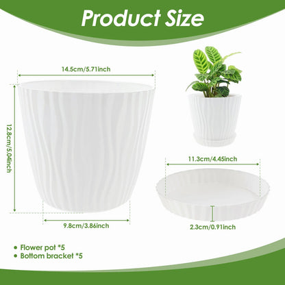 Set of 5 Planters with Drainage Holes and Saucers | Textured PP, 14.5 cm for Indoor and Outdoor Use