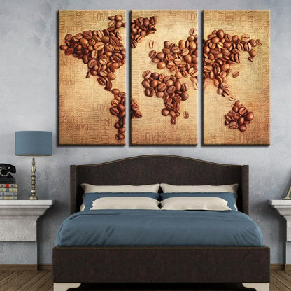 Set of 3 Canvas Art Pieces - Abstract World Map with Coffee Beans