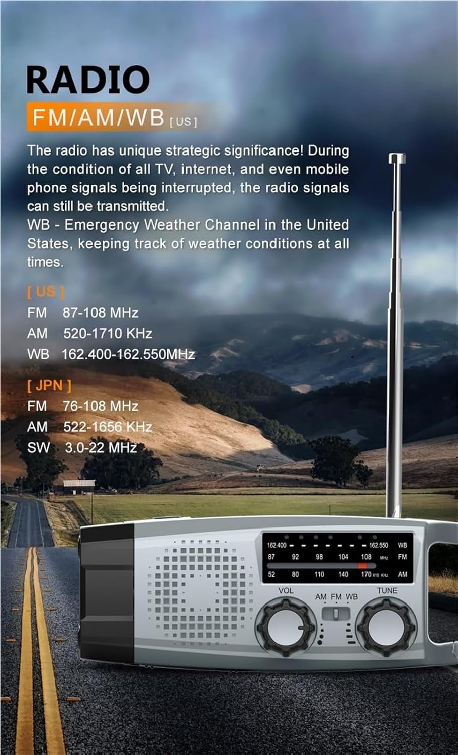 Emergency Radio with Hand Crank, LED Light & SOS Alert