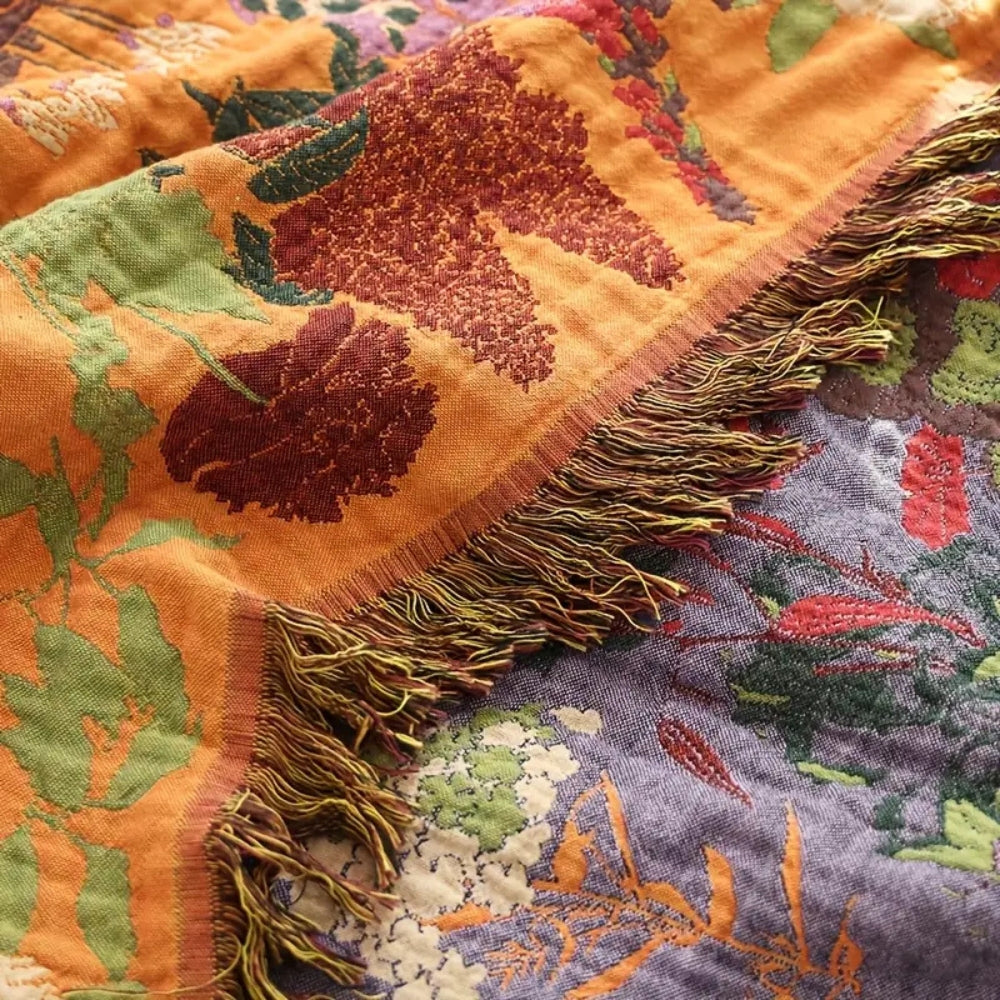 Elegant Floral Cotton Throw Blanket with Tassels