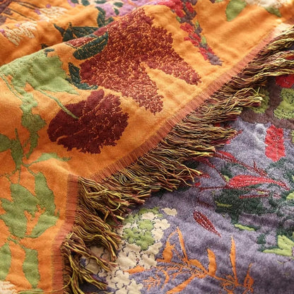 Elegant Floral Cotton Throw Blanket with Tassels