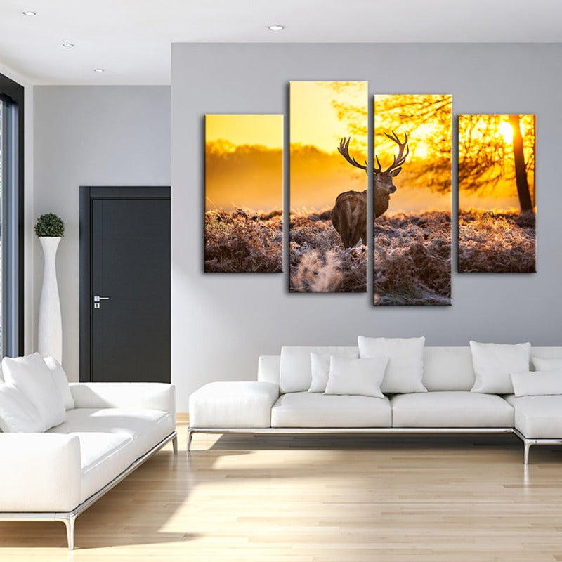 Serene Dawn Deer Canvas Art - 4 Piece Set for Home Decor