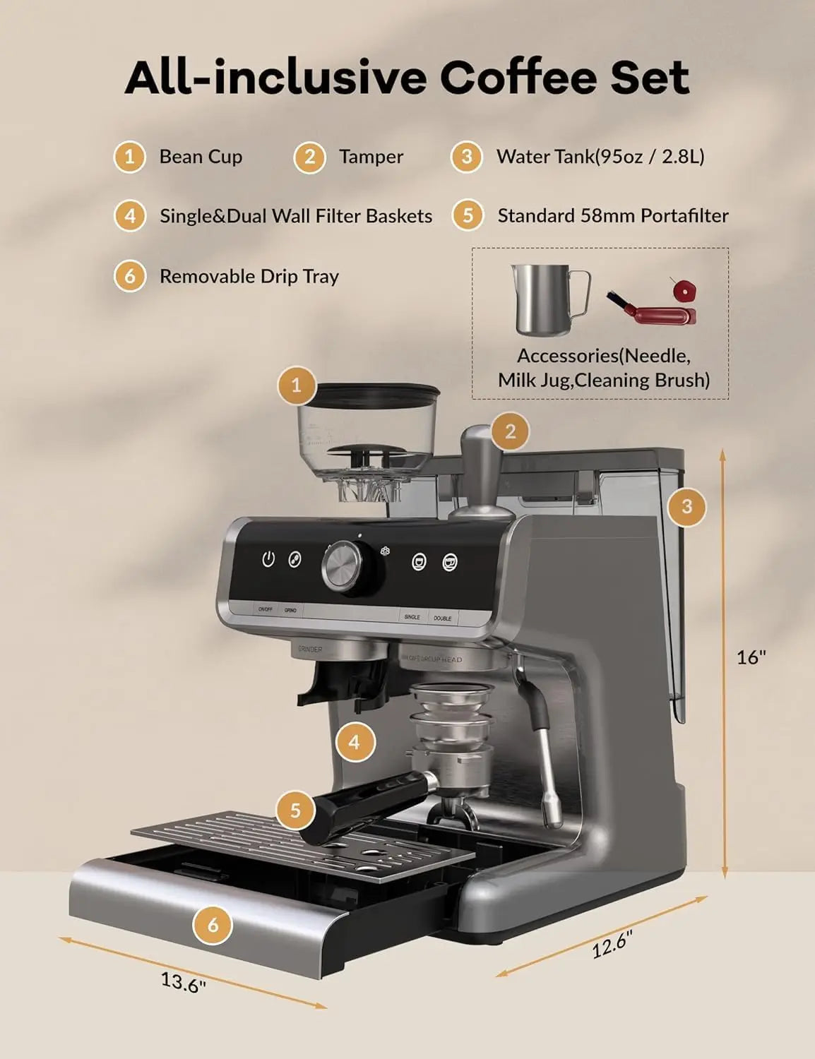 Espresso Maker with Integrated Burr Grinder, 20-Bar Pressure, 30 Grind Options, Steam Wand & 94.6 fl oz Reservoir