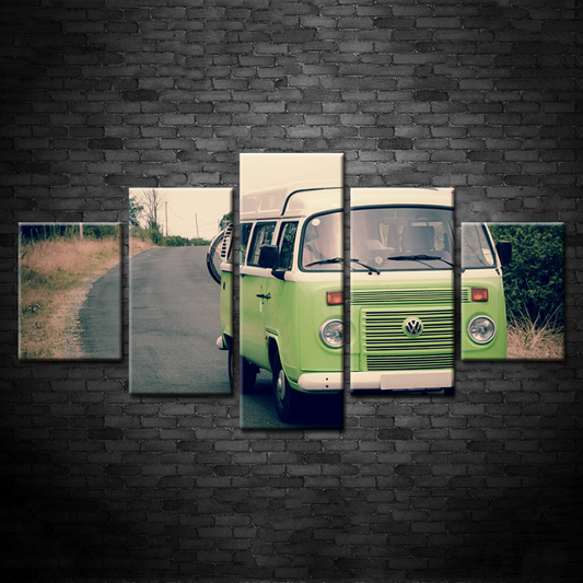 Charming Green Vintage Bus Canvas Art Set - 5 Panels