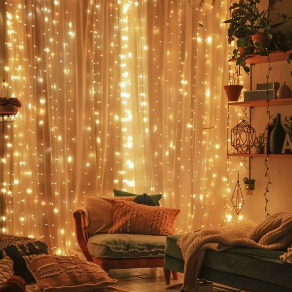 Warm White LED Fairy Curtain Lights with 8 Dynamic Modes for Relaxation
