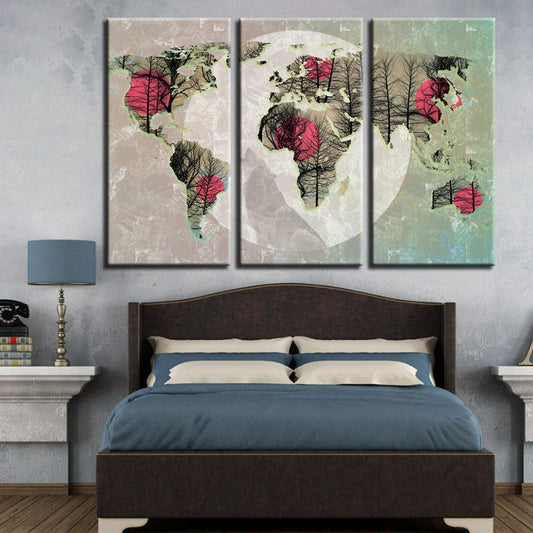 Abstract Pink Sun World Map Canvas Art Set - 3 Piece Wall Decor