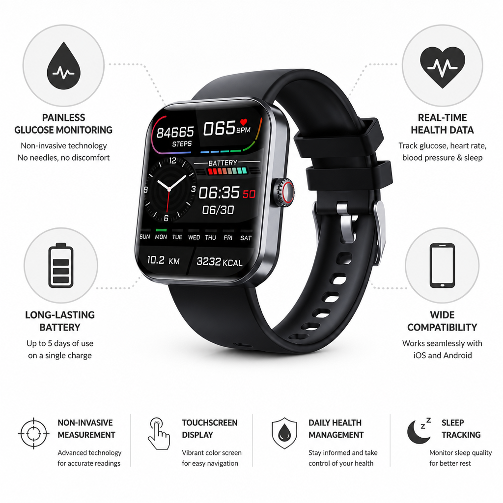 Smart Glucose Tracker Watch with 5-Day Battery Life