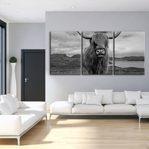 Set of 3 Canvas Wall Art Paintings – Black and White Cow Design