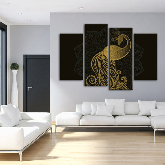 Elegant Golden Mandala Peacock Art Set - 4 Canvas Pieces
