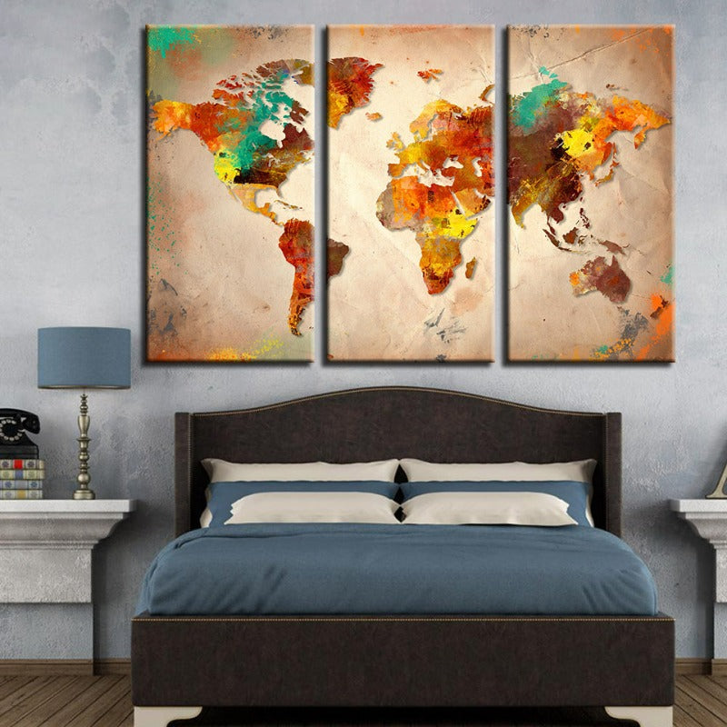 Set of 3 Canvas Wall Art - Colorful Abstract World Map