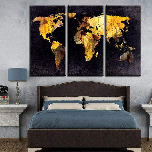 Set of 3 Canvas Art Prints - Yellow Leaf World Map Decor