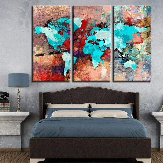 Abstract Canvas Art Set of 3 - Sea Blue and Red World Map Decor