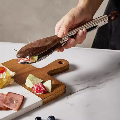 BBQ Tongs with Locking Mechanism and Wooden Handle – Stainless Steel