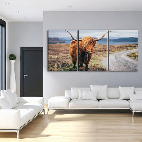 Set of 3 Canvas Wall Art Paintings Featuring Elegant Brown Cows