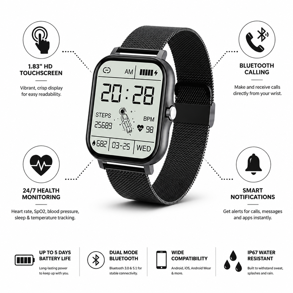1.83" Smart Touchscreen Watch with Health Monitoring & Call Features