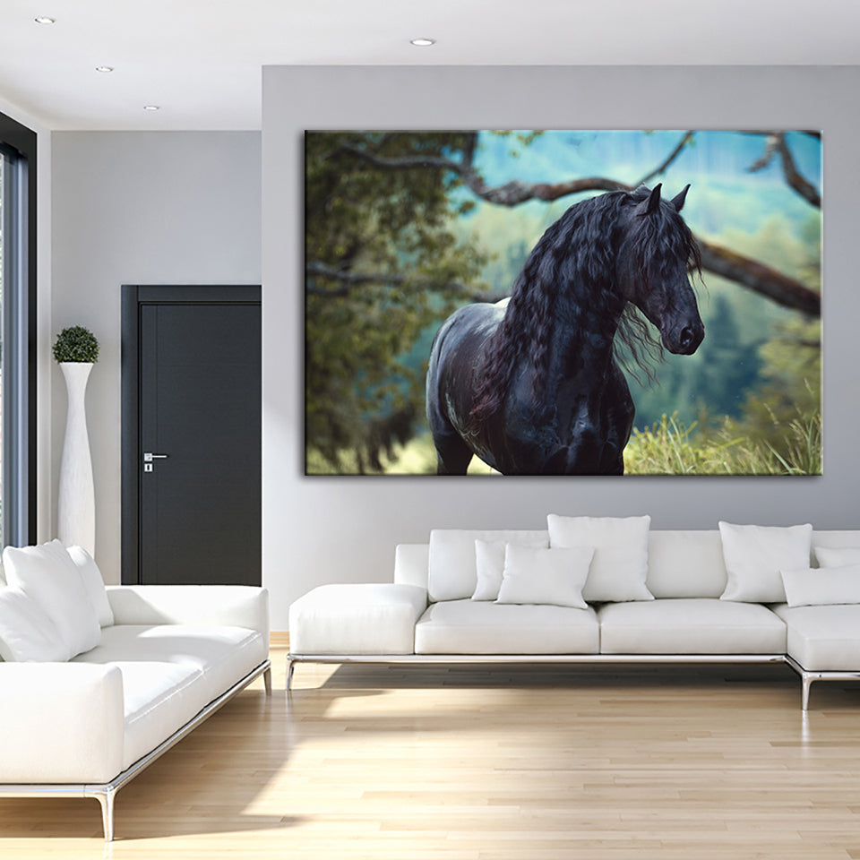 Canvas Artwork of a Black Horse in the Forest